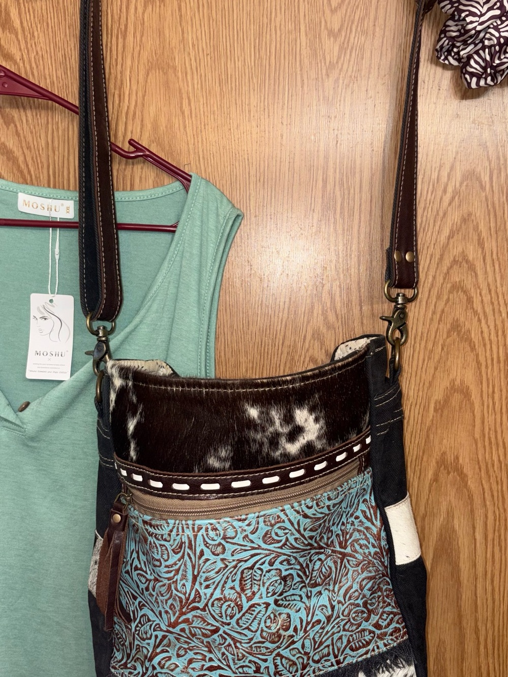 Myra Cowhide & Tooled Leather Crossbody Bag in Turquoise and Brown